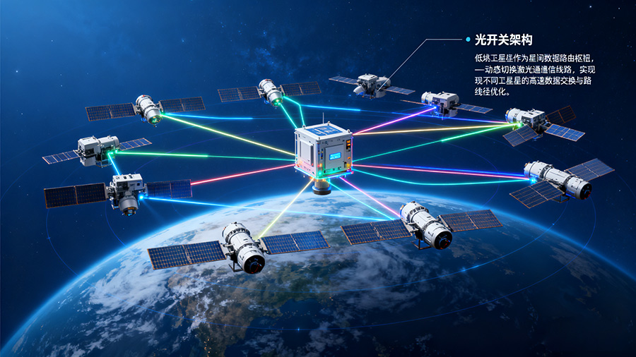 低軌衛(wèi)星星座光開(kāi)關(guān)部署架構(gòu)，展示光開(kāi)關(guān)在星間組網(wǎng)中的關(guān)鍵作用