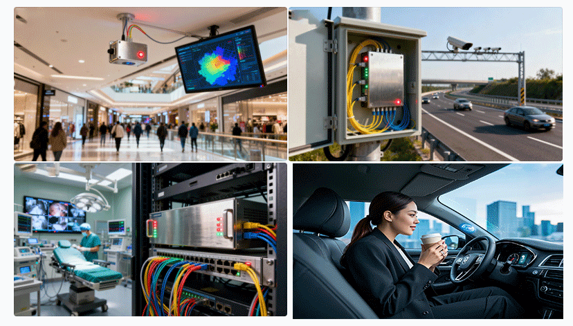 光開(kāi)關(guān)在室內(nèi)定位、智能交通、醫(yī)療通信等典型場(chǎng)景示意圖 - 廣西科毅