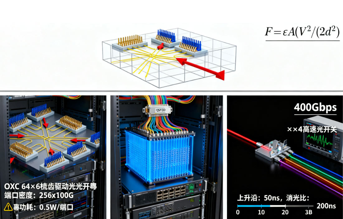 靜電梳齒驅(qū)動(dòng)光開關(guān)結(jié)構(gòu)示意圖高速光開關(guān)數(shù)據(jù)中心OXC