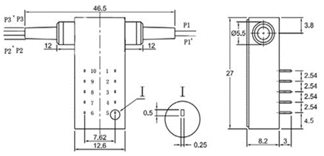 D1×2 多模光開關(guān)（3V 鎖定型）產(chǎn)品尺寸圖 - 科毅光通信