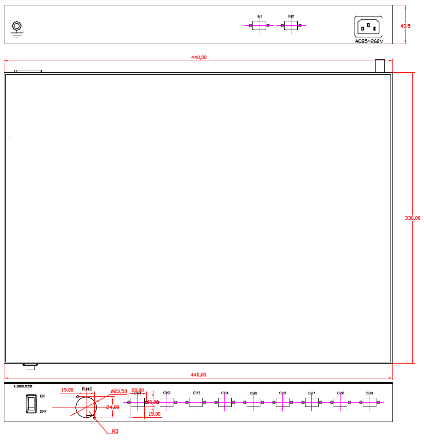 OSW-4（D1×8）-M5-85-1U-S22-MPO光切換設(shè)備產(chǎn)品尺寸圖 - 科毅光通信